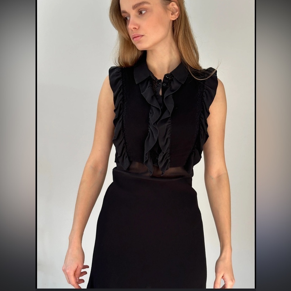 Sandro silk viscose Black Ruffled Sleeveless Dress buttons size 1 or small